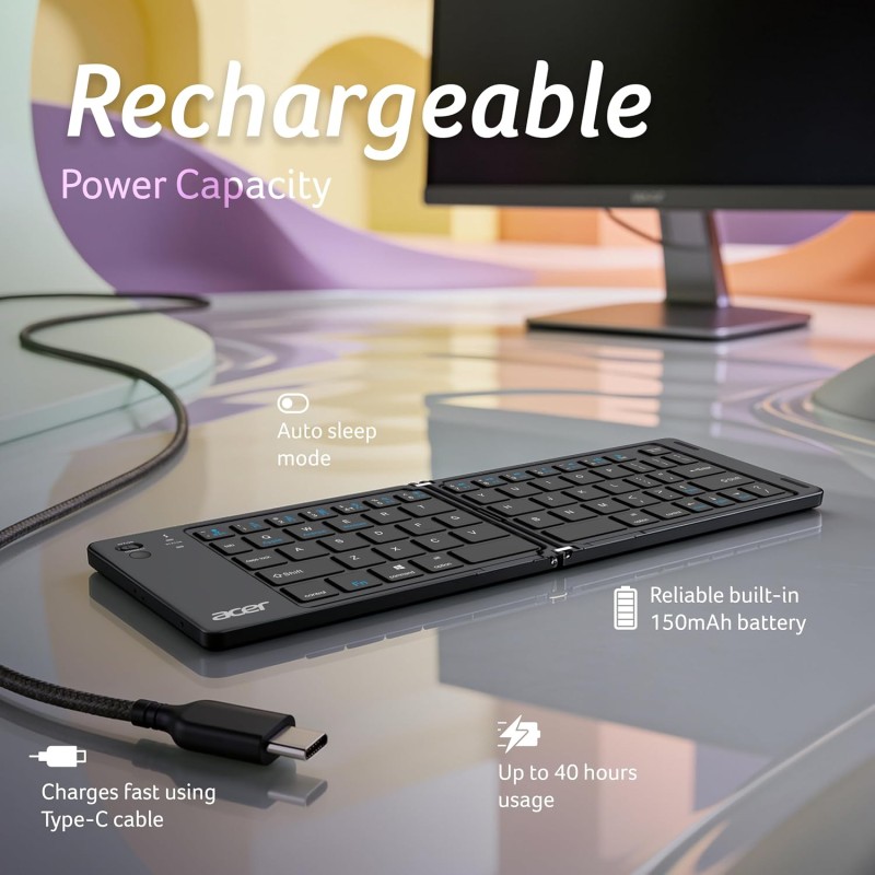 Acer MiniFold Foldable Bluetooth Keyboard, Ultra Portable 66-Key Wireless Keyboard, Bluetooth 5.0, Rechargeable Battery