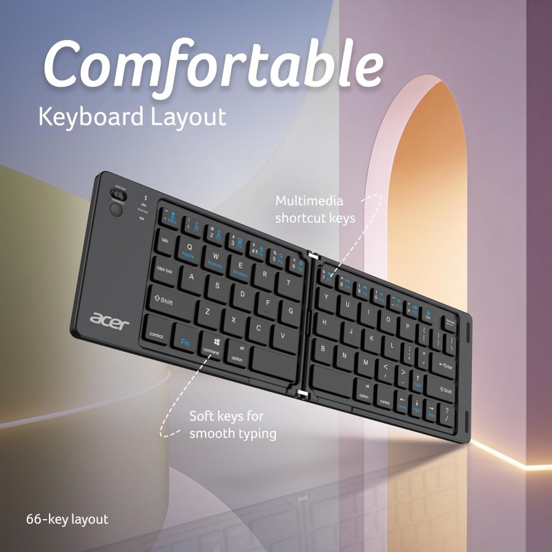 Acer MiniFold Foldable Bluetooth Keyboard, Ultra Portable 66-Key Wireless Keyboard, Bluetooth 5.0, Rechargeable Battery