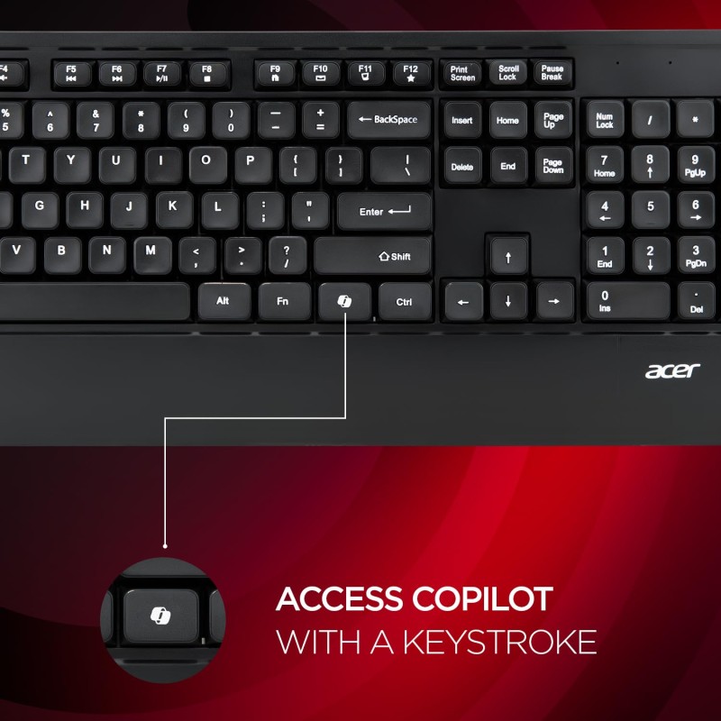 Acer PalmEase Wireless Keyboard & Mouse Combo with Palm Rest | 2.4GHz, 1600 DPI, Co-Pilot Key, Rupee ₹ Symbol Black