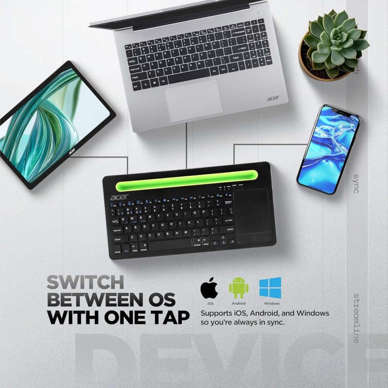 Acer SwiftConnect Multi-Device Wireless Rechargeable Keyboard with Cradle & Touchpad Works with Windows, Mac, Laptop, Desktop, Tablet, Smartphone, Notebook