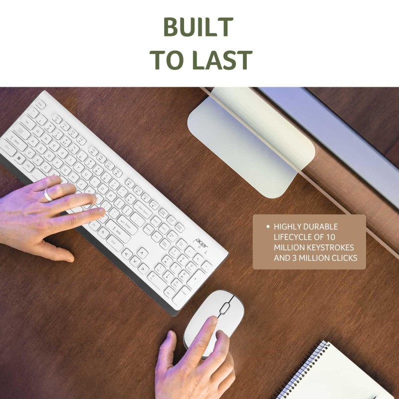 Acer Wireless Keyboard & Mouse Combo with Attractive Durable Design, 2.4GHz Nano Receiver (White/Grey)