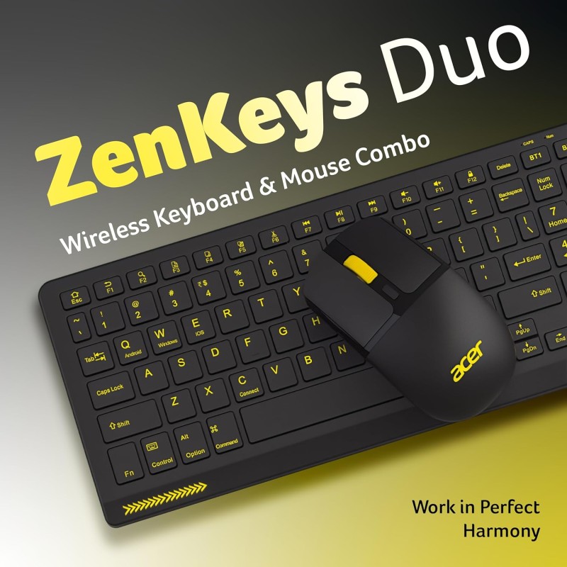 Acer ZenKeys Duo Wireless Keyboard & Mouse Combo | 2.4 GHz + Bluetooth | Rechargeable 500 mAh Type-C | 99-Key Silent Keyboard
