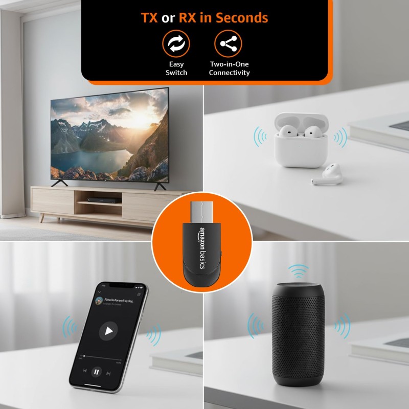 Amazon Basics 2 in 1 Bluetooth 5.0 Transmitter Receiver | 3.5mm Stereo Audio Adapter with Mic | Portable Design