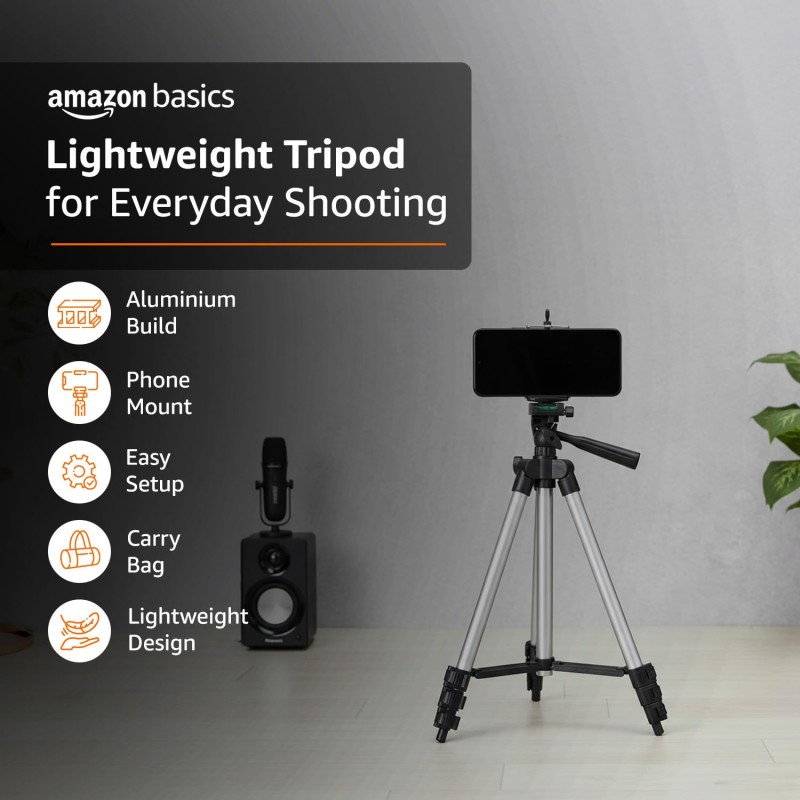 Amazon Basics 3110 Aluminium Lightweight Tripod with Mobile Phone Holder Mount & Carry Bag for All Smartphone, GoPro, Cameras (Silver)