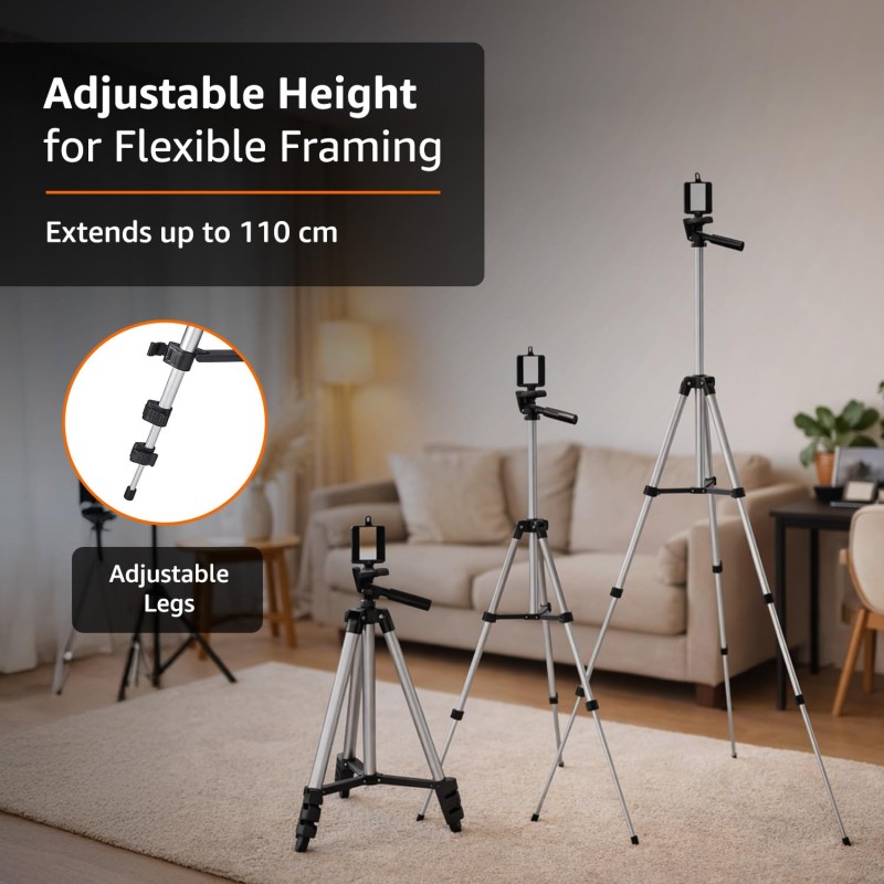 Amazon Basics 3110 Aluminium Lightweight Tripod with Mobile Phone Holder Mount & Carry Bag for All Smartphone, GoPro, Cameras (Silver)