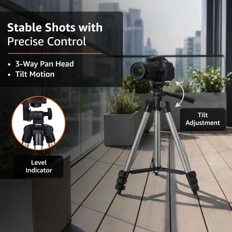 Amazon Basics 3110 Aluminium Lightweight Tripod with Mobile Phone Holder Mount & Carry Bag for All Smartphone, GoPro, Cameras (Silver)