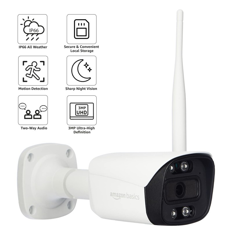 Amazon Basics 3MP wi-fi Bullet Camera 1296p Outdoor CCTV Security Smart Camera, AI Powered Motion Detection (White)