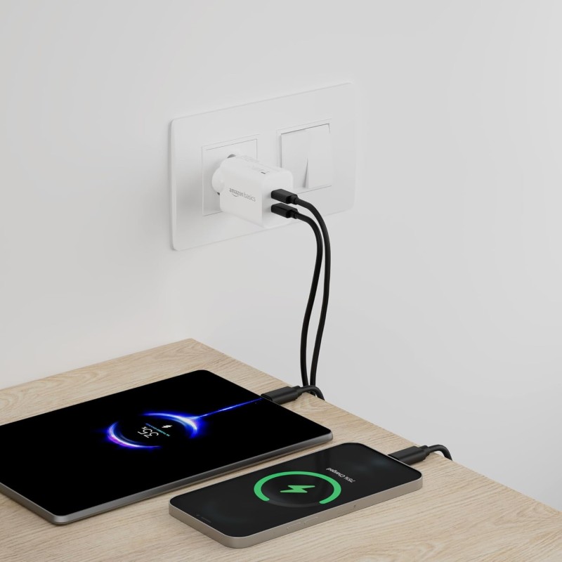 Amazon Basics 40W Pd Dual Port Fast Charger | Dual USB-C Ports (20W Each) | Speed Technology White