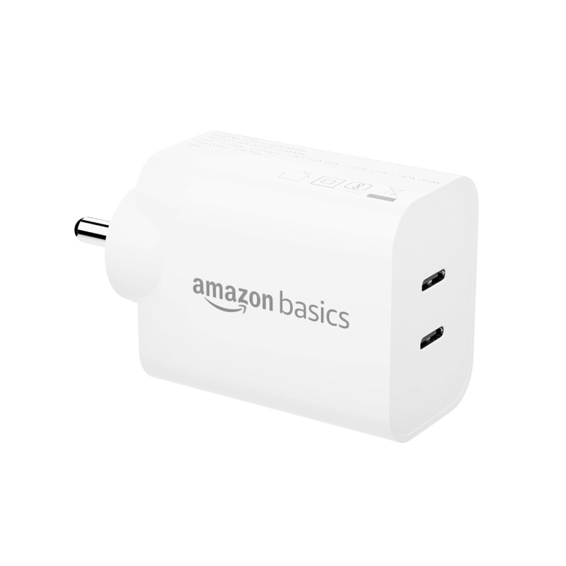 Amazon Basics 40W Pd Dual Port Fast Charger | Dual USB-C Ports (20W Each) | Speed Technology White