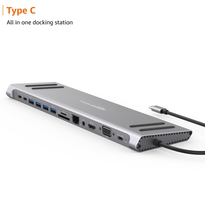 Amazon Basics Dock Station, 13-in-1 USB C HUB Docking Station, USB C Network Hub with HDMI VGA PD(3.0),  Windows Laptop