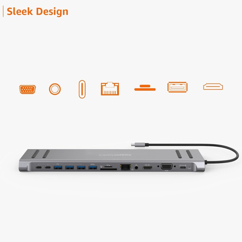 Amazon Basics Dock Station, 13-in-1 USB C HUB Docking Station, USB C Network Hub with HDMI VGA PD(3.0),  Windows Laptop