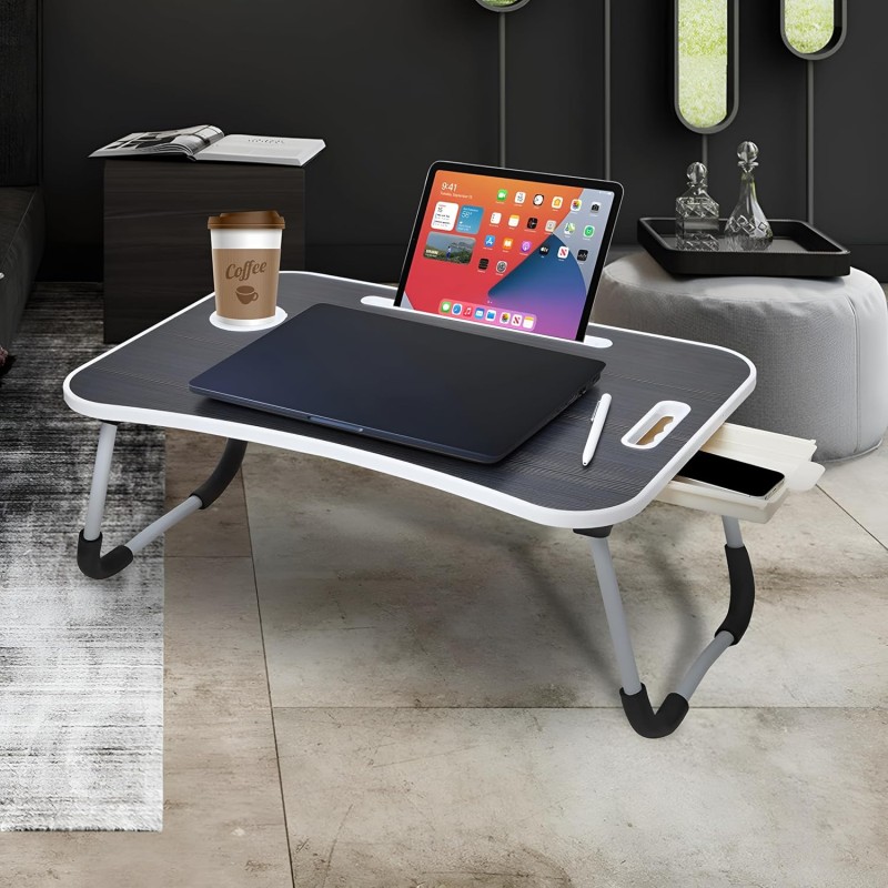 Amazon Basics Engineered Wood Foldable Laptop Table with Cup Holder, Tablet Groove and Mini Drawer (60L x 40W x 26H cm, Black)