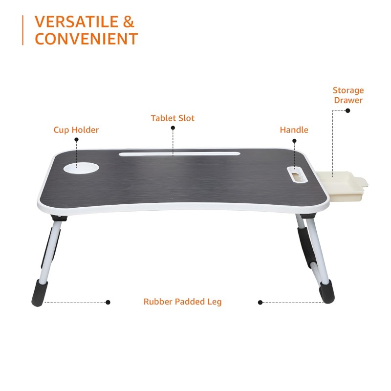 Amazon Basics Engineered Wood Foldable Laptop Table with Cup Holder, Tablet Groove and Mini Drawer (60L x 40W x 26H cm, Black)