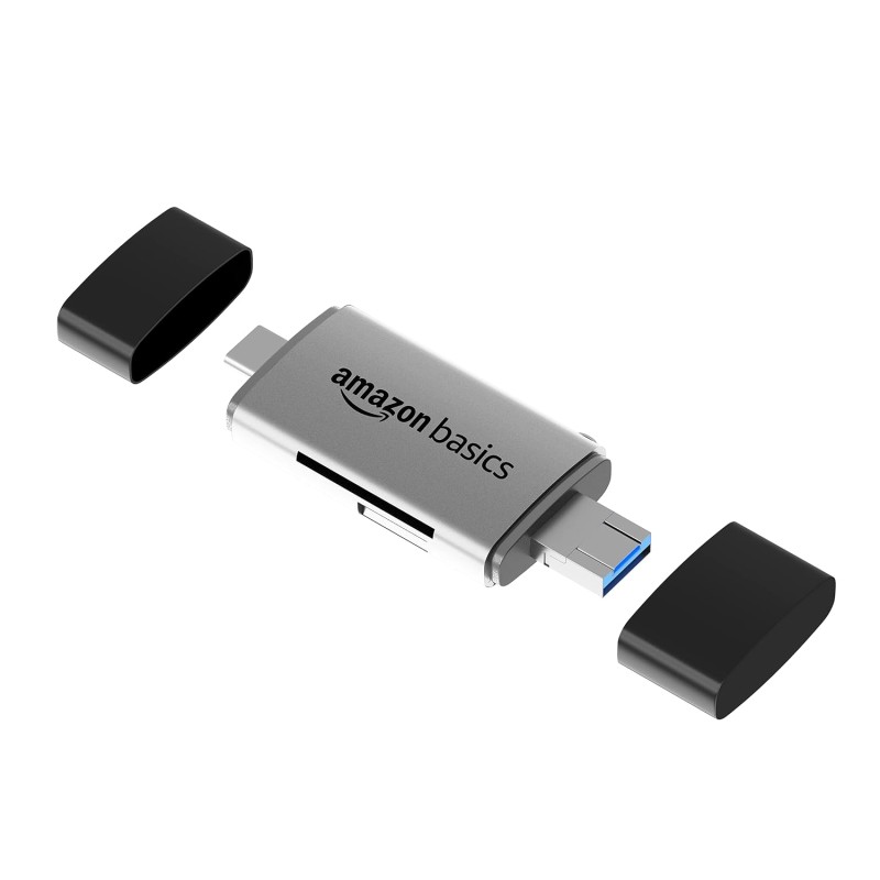 Amazon Basics OTG Card Reader and Hub with Type-C, USB & Micro USB Ports | Portable Memory Card (Grey)