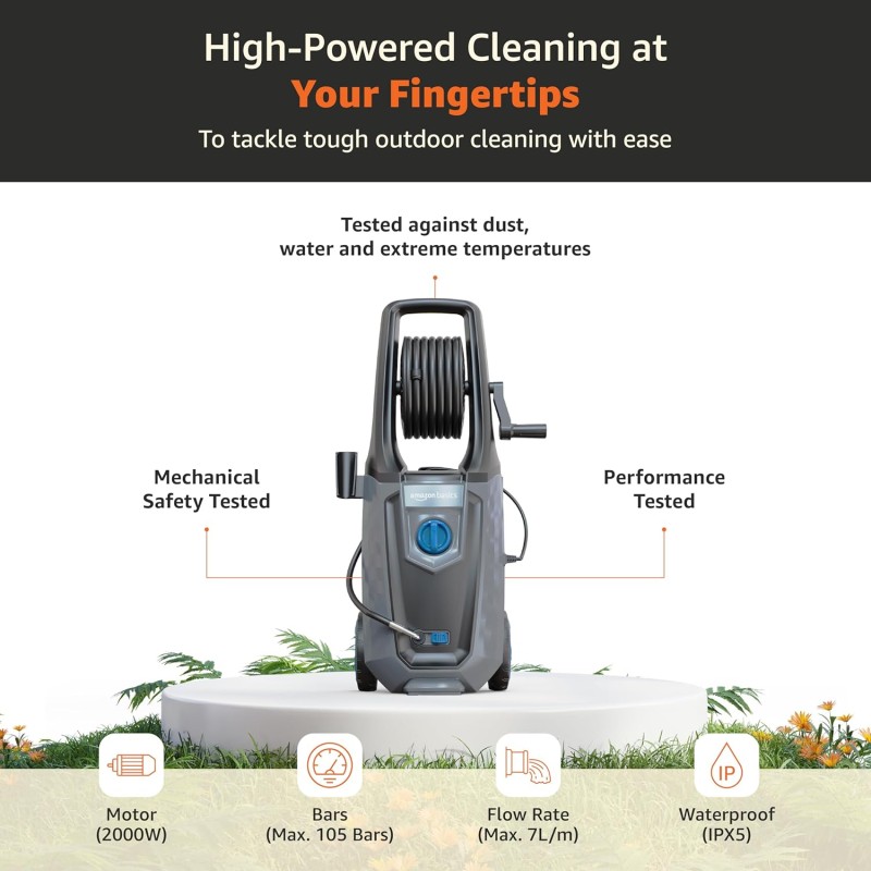 Amazon Basics Pressure Washer 2000W, 160 Bar, 7 L/min Flow Rate, 10M Hose, 5M Power Cord, Auto Stop, Copper Winding Motor