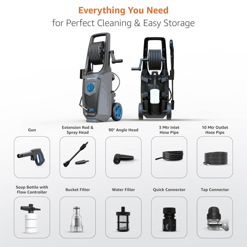 Amazon Basics Pressure Washer 2000W, 160 Bar, 7 L/min Flow Rate, 10M Hose, 5M Power Cord, Auto Stop, Copper Winding Motor