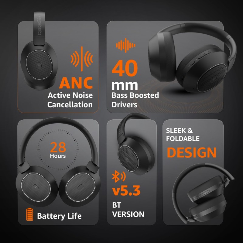 Amazon Basics Pro Series ANC Over Ear Wireless Headphones, ANC (Up to 33 dB), Bluetooth 5.3 Black