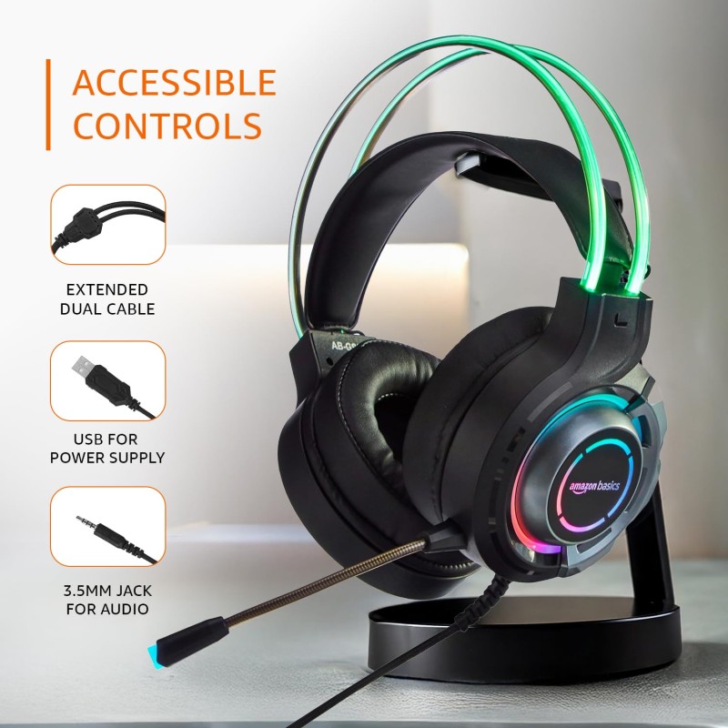 Amazon Basics RGB Wired Gaming On Ear Gaming Headphone, 2 Meter Braided Cable, with mic, Suspension Design,  Black)