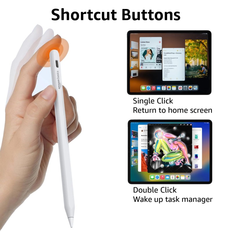 Amazon Basics Stylus Pen for iPad with Magnetic Wireless Charging, Palm Rejection, Apple Pencil (White)