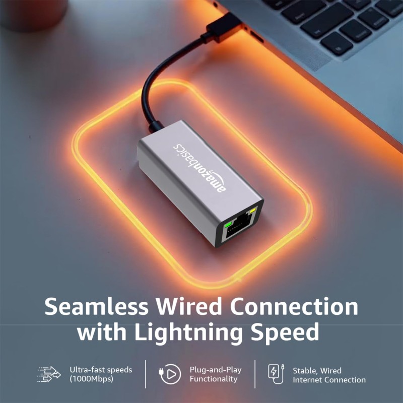 Amazon Basics USB 3.0 to RJ45 Ethernet LAN Adapter, Up to 10/100/1000 Mbps for Windows (11/10), Mac OS (10.9 & Later Versions)