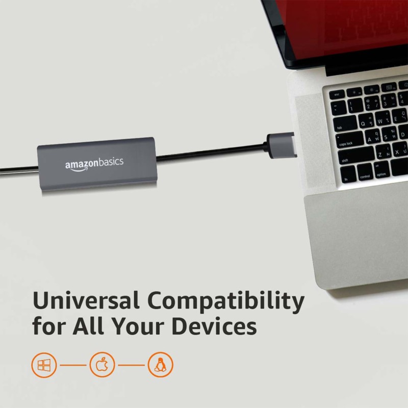 Amazon Basics USB 3.0 to RJ45 Ethernet LAN Adapter, Up to 10/100/1000 Mbps for Windows (11/10), Mac OS (10.9 & Later Versions)