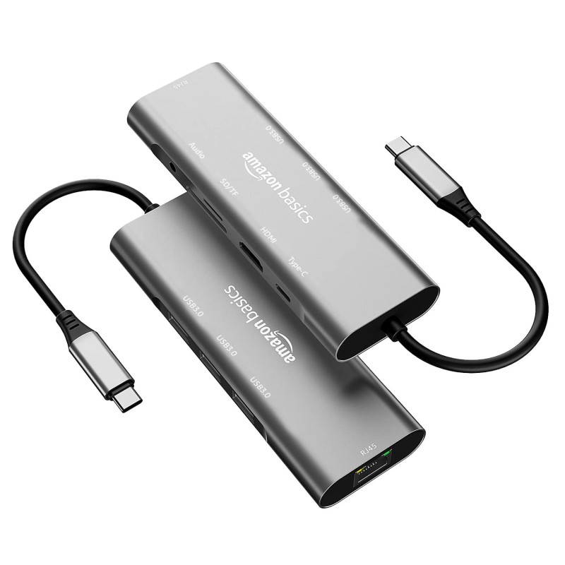 Amazon Basics USB-C Hub Dock 9-in-1 Aluminium Type-C Adapter with 4K HDMI, Ethernet 1000mbps Port