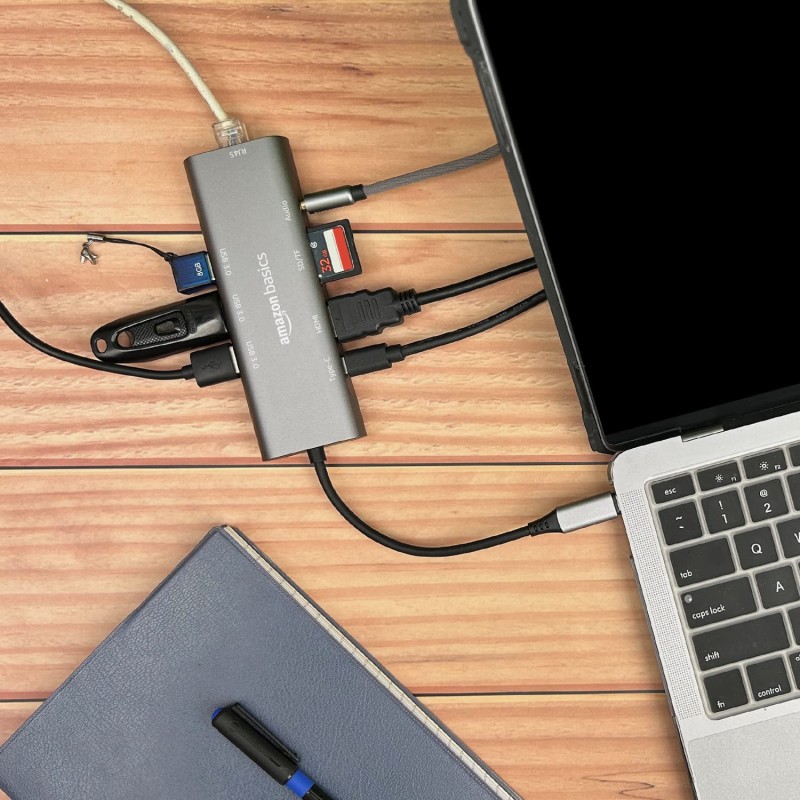 Amazon Basics USB-C Hub Dock 9-in-1 Aluminium Type-C Adapter with 4K HDMI, Ethernet 1000mbps Port