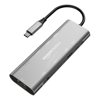 Amazon Basics USB-C Hub Dock 9-in-1 Aluminium Type-C Adapter with 4K HDMI, Ethernet 1000mbps Port