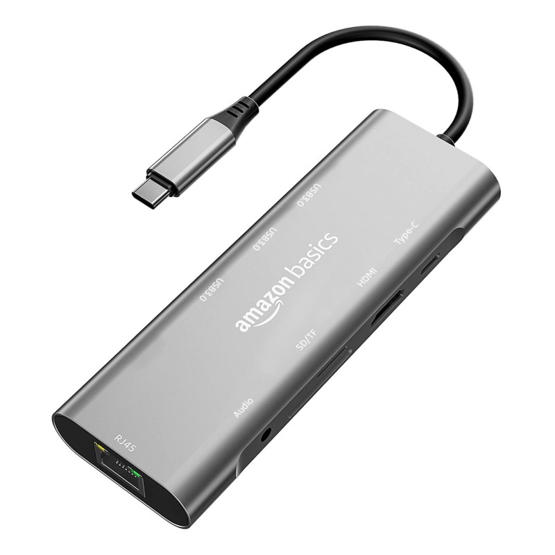 Amazon Basics USB-C Hub Dock 9-in-1 Aluminium Type-C Adapter with 4K HDMI, Ethernet 1000mbps Port