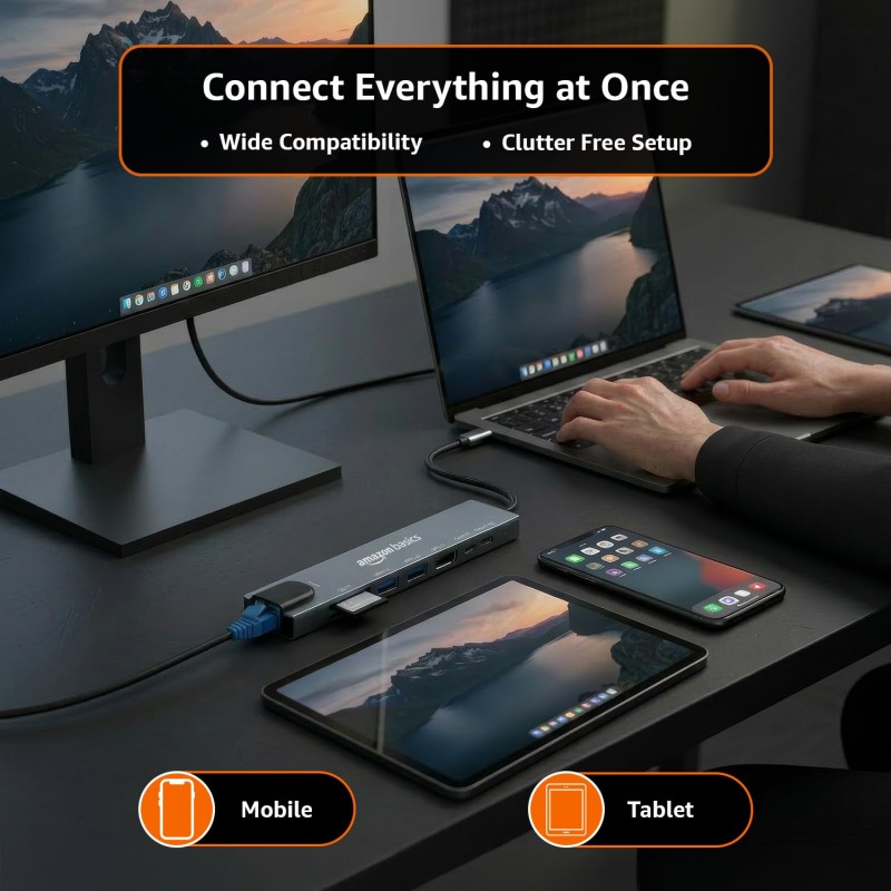 Amazon Basics USB hub 3.0 for Type-c Port,8 in 1 Adapter for pc Accessories with USB-C 4K HDMI