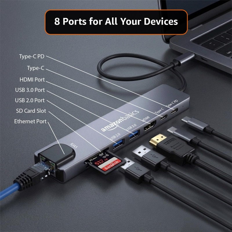 Amazon Basics USB hub 3.0 for Type-c Port,8 in 1 Adapter for pc Accessories with USB-C 4K HDMI