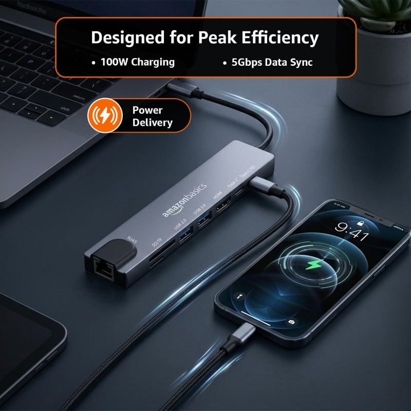 Amazon Basics USB hub 3.0 for Type-c Port,8 in 1 Adapter for pc Accessories with USB-C 4K HDMI