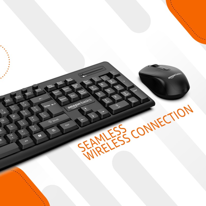 Amazon Basics Wireless Keyboard and Mouse Set | 1000 DPI Mouse | 12 Function Keys | Compatible with Mac and Windows (Black)