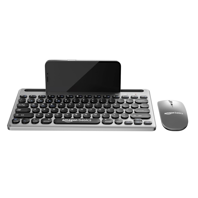 Amazon Basics Wireless Keyboard and Mouse Set with Bluetooth multiconnect, 2.4GHz Receiver,1600 DPI, Smartphone/Tablet Holder