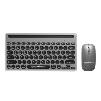 Amazon Basics Wireless Keyboard and Mouse Set with Bluetooth multiconnect, 2.4GHz Receiver,1600 DPI, Smartphone/Tablet Holder