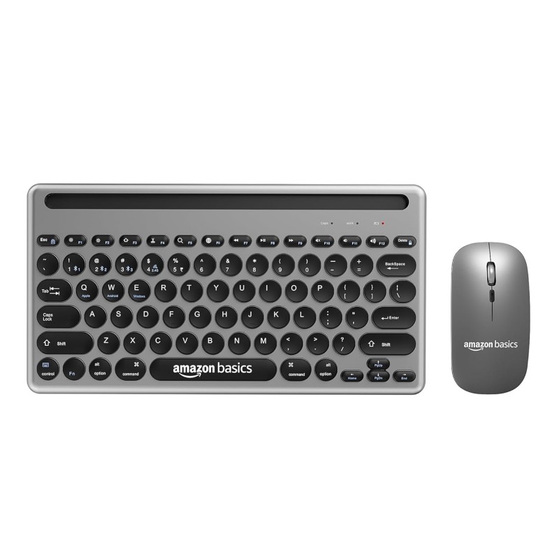 Amazon Basics Wireless Keyboard and Mouse Set with Bluetooth multiconnect, 2.4GHz Receiver,1600 DPI, Smartphone/Tablet Holder