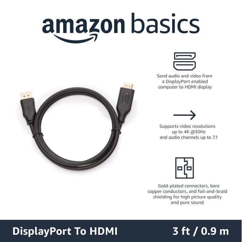 AmazonBasics Uni-Directional DisplayPort to HDMI Video Display Cable, 4K@30Hz - 3 Feet, Black