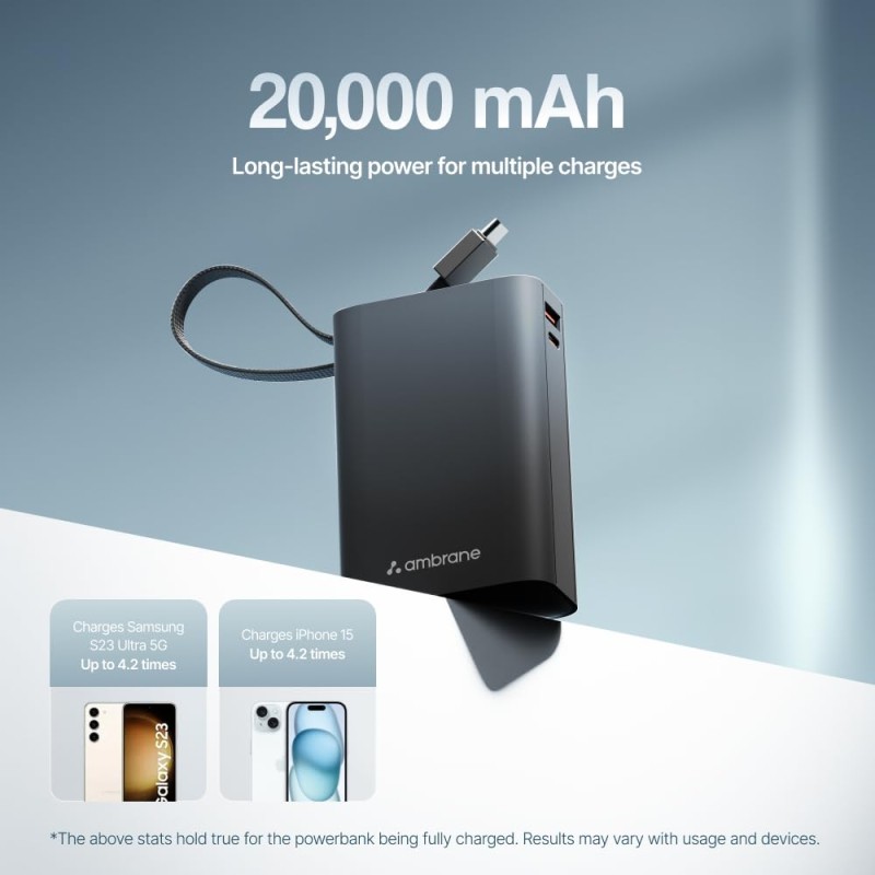 Ambrane 20000mAh Small Pocket Size Powerbank, Hanging InBuilt Type C Cable, 22.5W Fast Charging,  Black-Blue)
