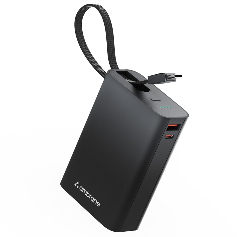 Ambrane 20000mAh Small Pocket Size Powerbank, Hanging InBuilt Type C Cable, 22.5W Fast Charging,  Black-Blue)
