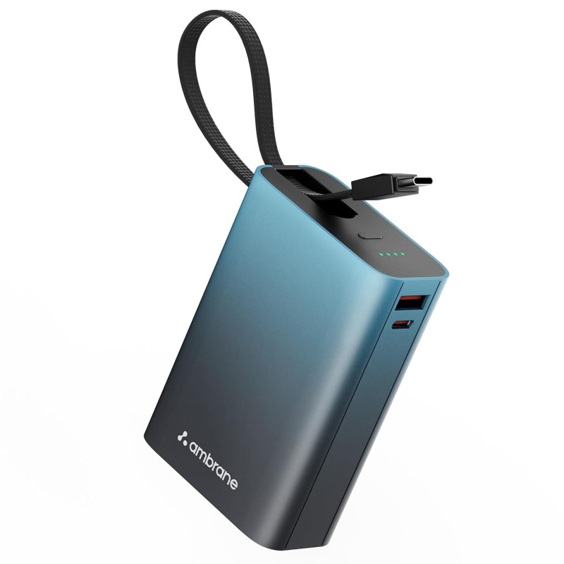 Ambrane 20000mAh Small Pocket Size Powerbank, Hanging InBuilt Type C Cable, 22.5W Fast Charging,  Black-Blue)
