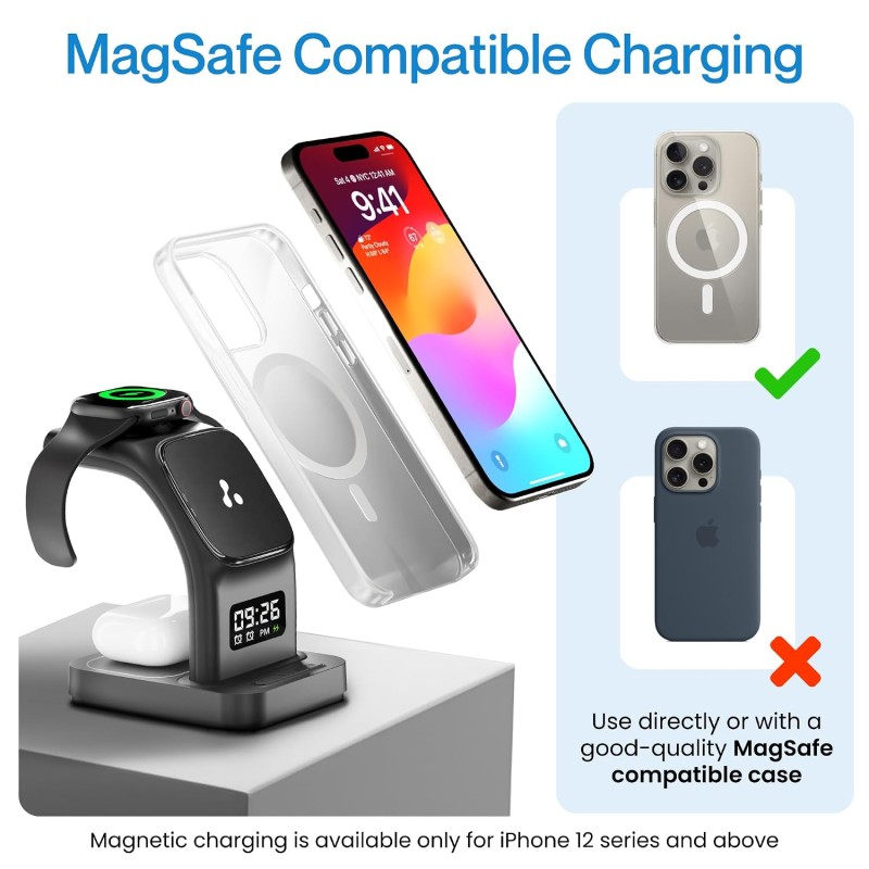 Ambrane 22.5W Magnetic Magsafe 3In1 Wireless Charger for 16/16 +/16 Pro/16 Pro Max, iPhone (Aerosync Trio -Black)