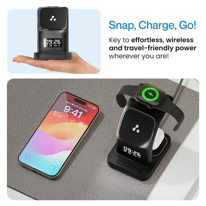 Ambrane 22.5W Magnetic Magsafe 3In1 Wireless Charger for 16/16 +/16 Pro/16 Pro Max, iPhone (Aerosync Trio -Black)