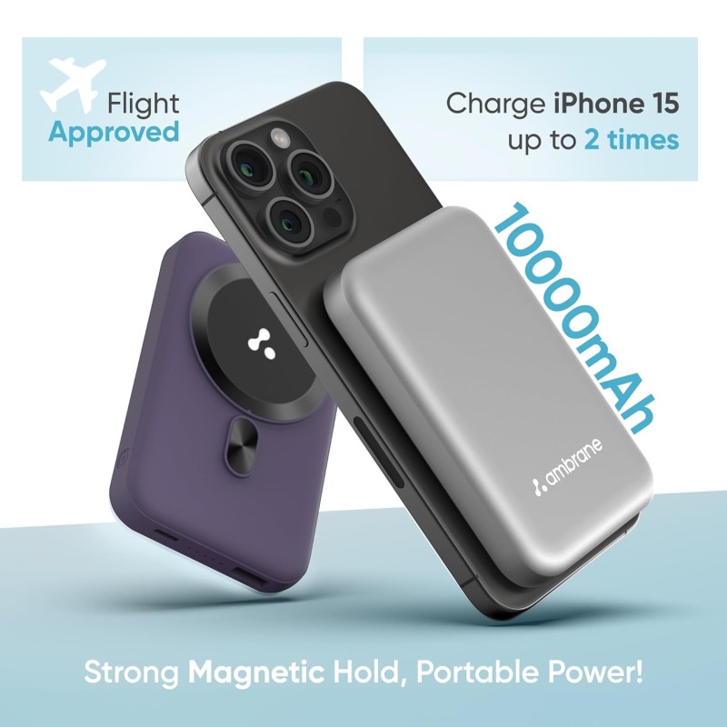 Ambrane Magsafe Wireless 10000Mah Fast Charging Power Bank, Strong Magnet, Micro USB Input, 22.5W Output For Iphone 12 Black