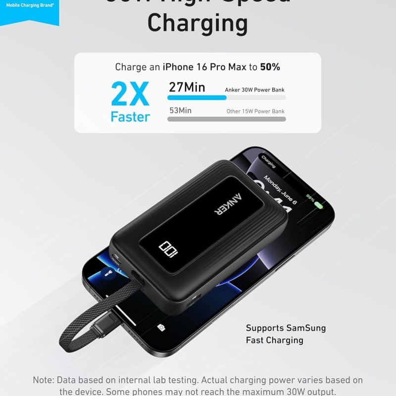 Anker Portable Charger,10,000mAh 30W Power Bank,USB-C in & Out Fast Charging Battery Black