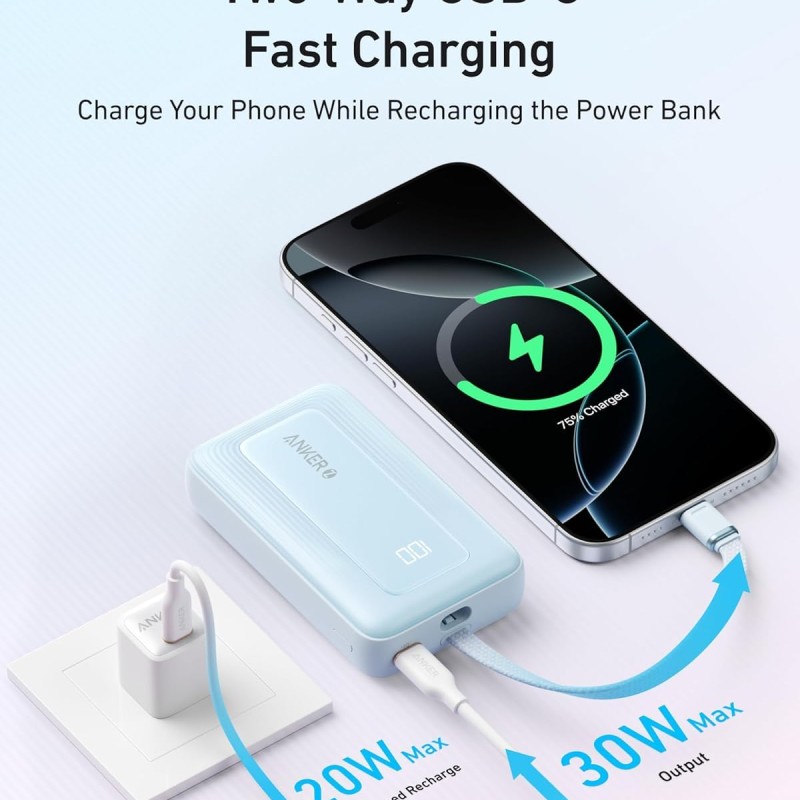 Anker Portable Charger,10,000mAh 30W Power Bank,USB-C in & Out Fast Charging Battery Black