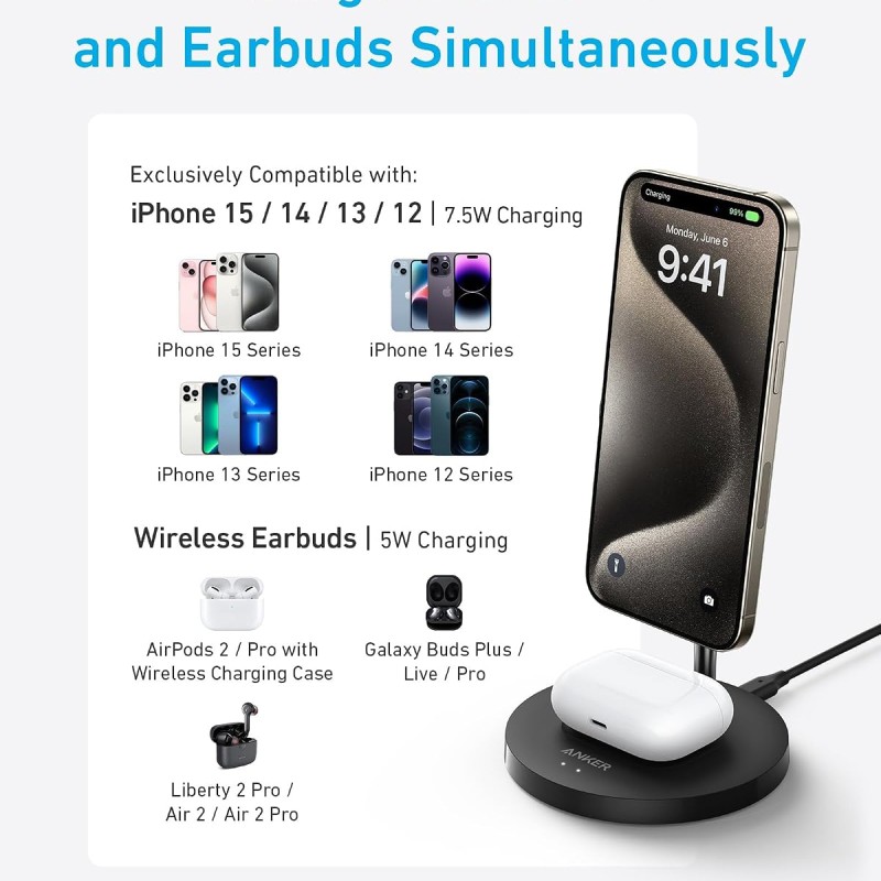 Anker Wireless Charging Stand for Cellular Phone,PowerWave 2-in-1 Magnetic Stand Lite with 5 ft US | Magnetic Dual-Device Dock