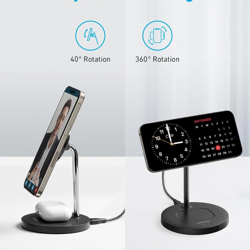 Anker Wireless Charging Stand for Cellular Phone,PowerWave 2-in-1 Magnetic Stand Lite with 5 ft US | Magnetic Dual-Device Dock