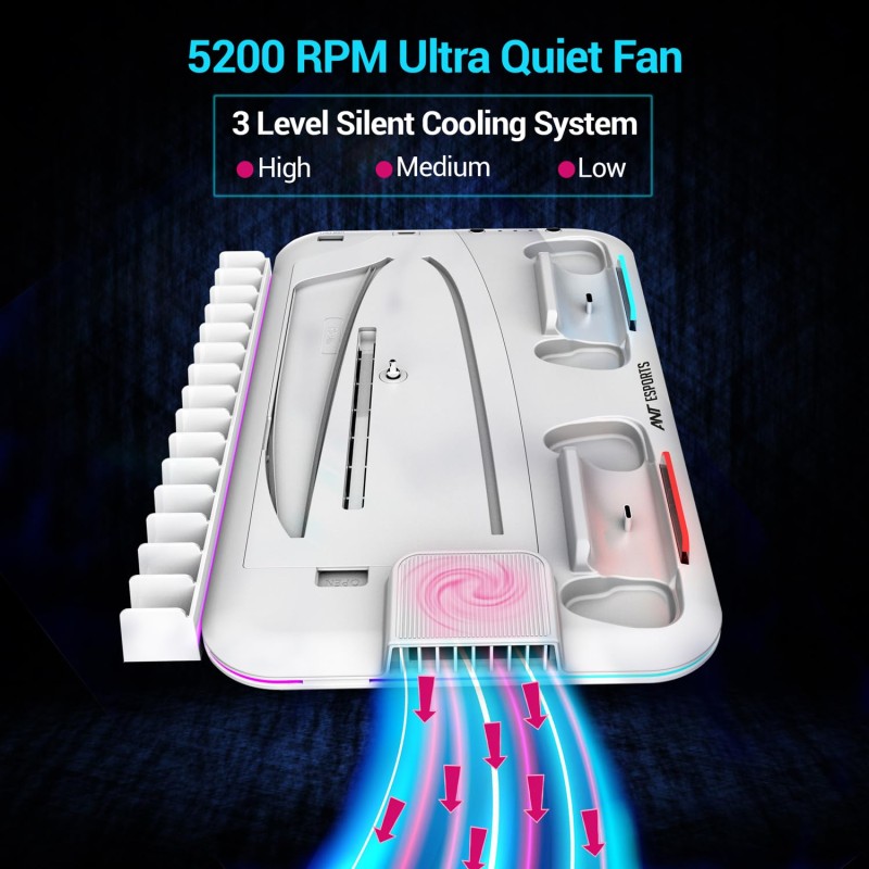 Ant Esports Dock5 RGB with Cooling Fan and Dual Controller Charger Station, PS5 Console Disc & Digital Edition, PS5 Cooling Station Accessories (White)