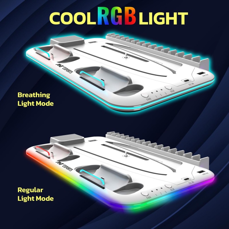 Ant Esports Dock5 RGB with Cooling Fan and Dual Controller Charger Station, PS5 Console Disc & Digital Edition, PS5 Cooling Station Accessories (White)