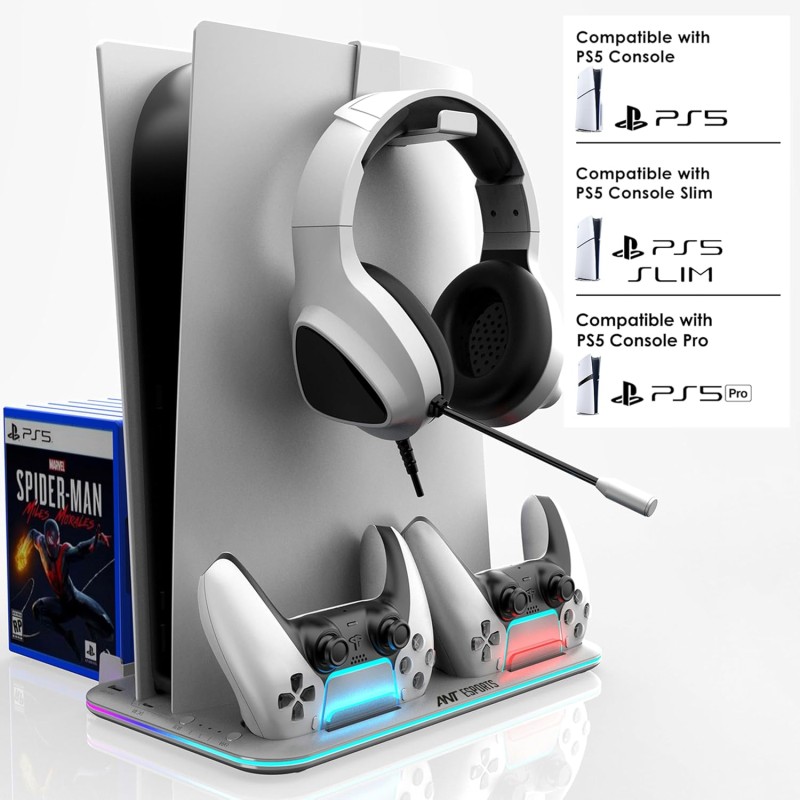 Ant Esports Dock5 RGB with Cooling Fan and Dual Controller Charger Station, PS5 Console Disc & Digital Edition, PS5 Cooling Station Accessories (White)